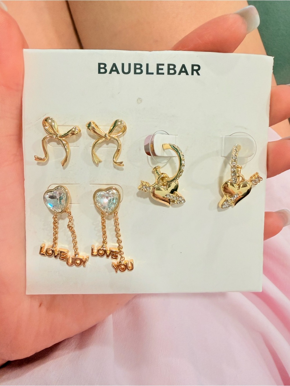 BaubleBar Gold Tone Heart, Bow & 'LOVE YOU' Earring Set